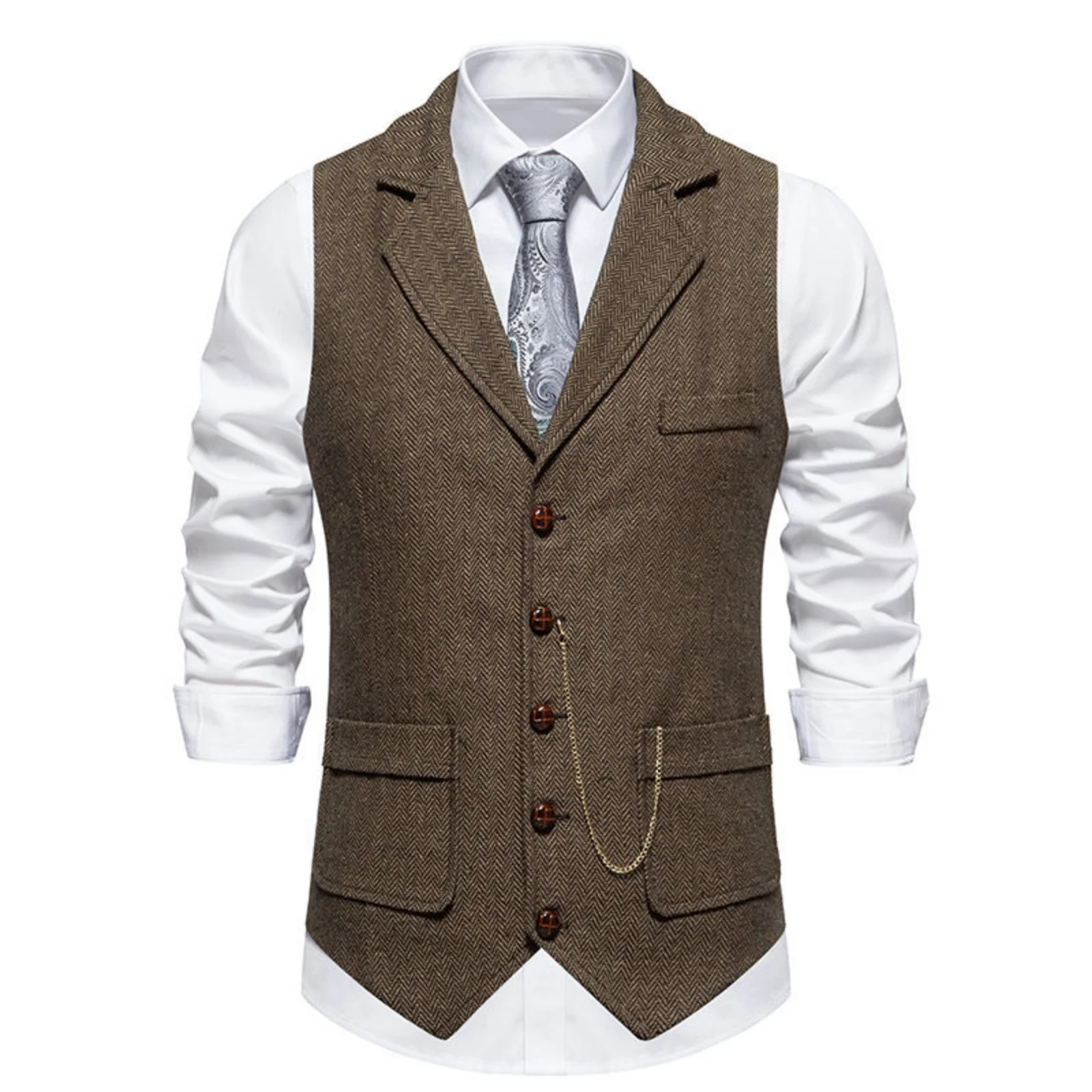 

AnnieBritney Herringbone Tweed Casual Vest for Man V-Neck Single Breasted Waistcoat Elegant Vests Gilets Pour Homme