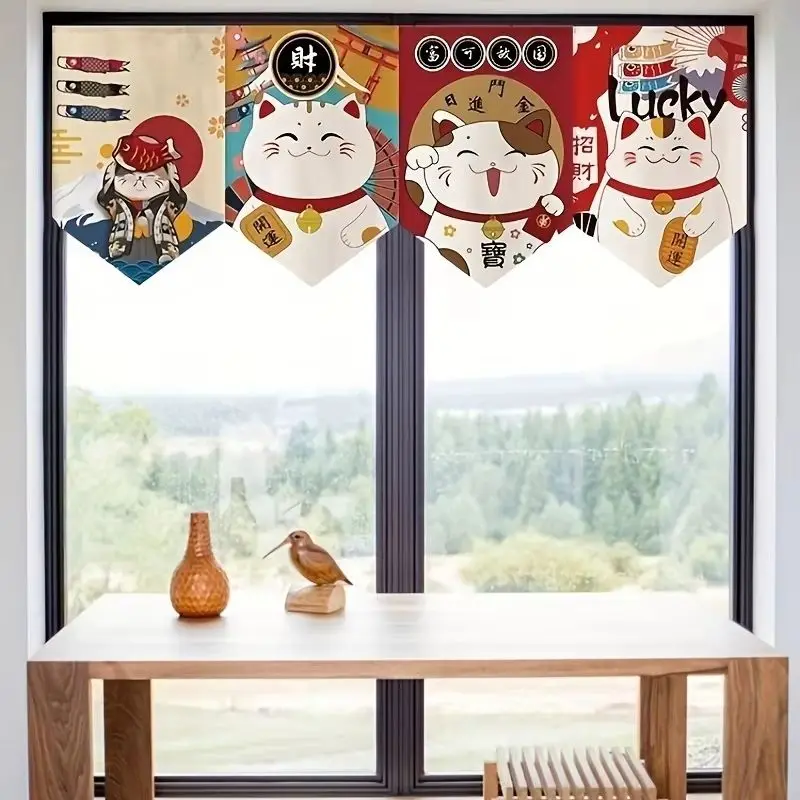 VIKAMA Japanese Triangular Lucky Cat Print Short Tier Curtains Rod Pocket Light Filter Privacy Kitchen Sink Window Drapes