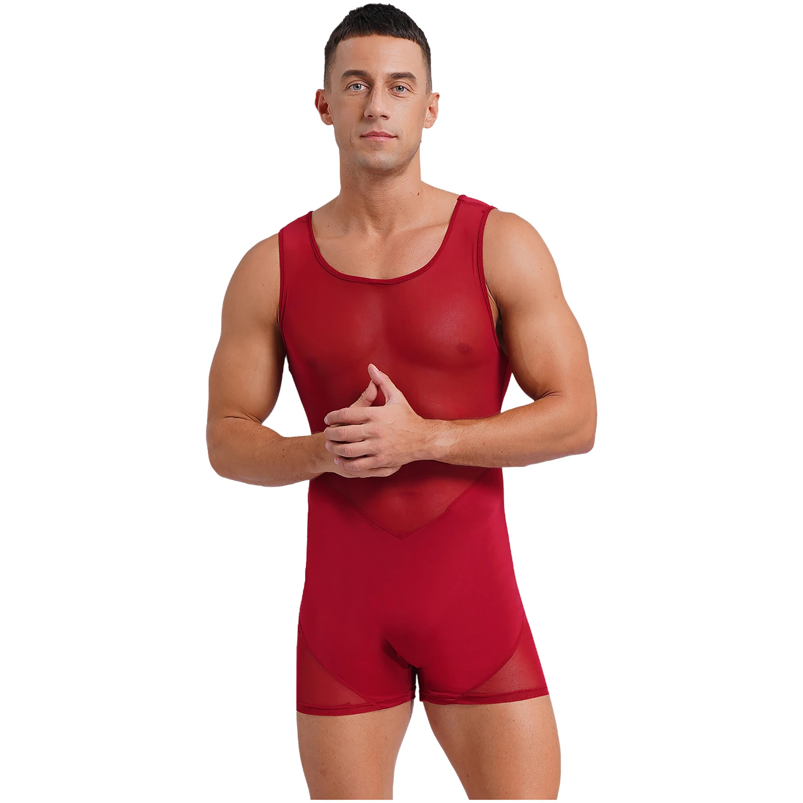 Mens Sheer Mesh Splice One Piece Boyleg Biketard Wrestling Shorty Jumpsuits Gym Workout Fitness Athletic Bodysuits Underwear