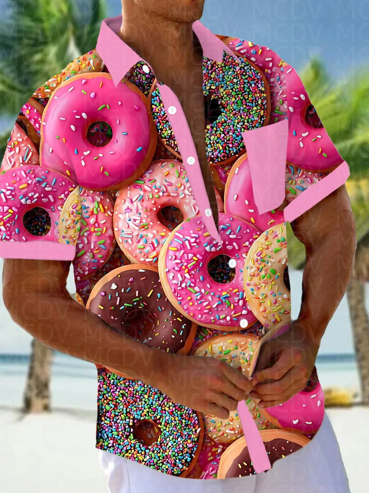 Donut Pattern Men's Hawaiian Shirt Stretch Easy Care Camp Shirt Big Tall