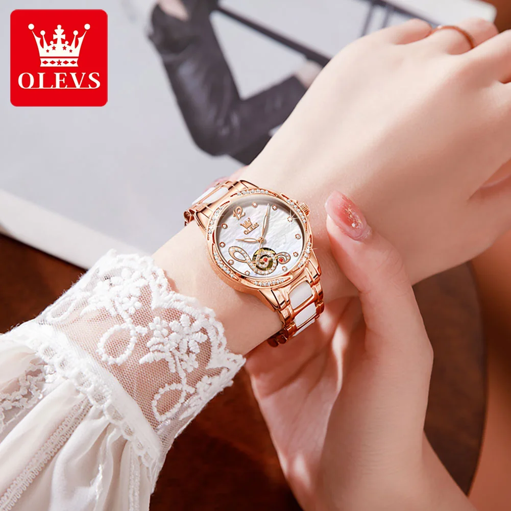 OLEVS Mechanical Watches For Women White Musical Note Design Waterproof Luminous Elegant Ceramics Watchband Ladies Wristwatch