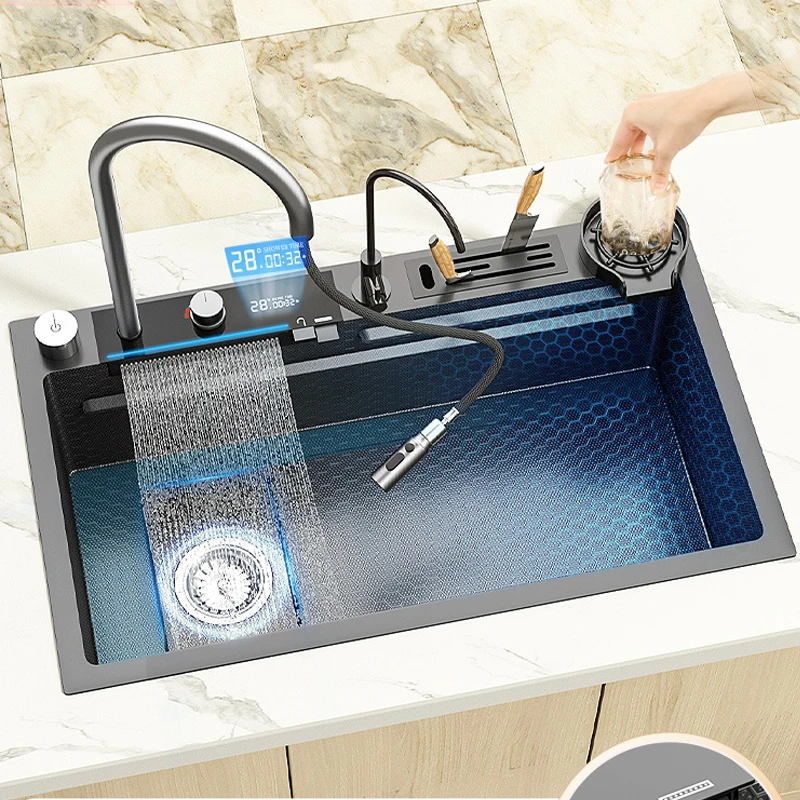 

Feiyu Waterfall Large Single Slot Nano 304 Stainless Steel Sink Kitchen Digital Display Manual Vegetable Washing Basin Left Side