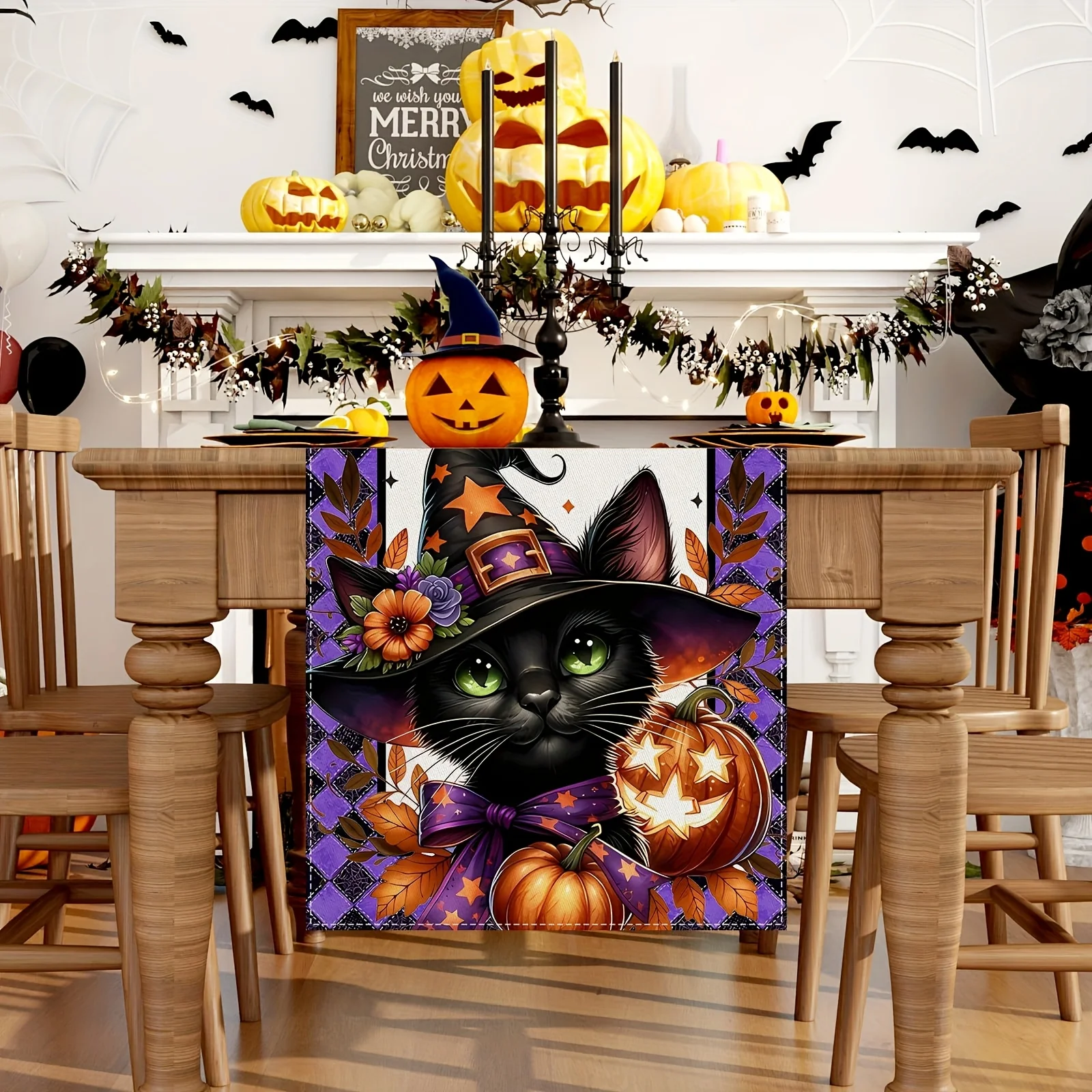 Linen Halloween Table Runner Black Cat Witch Hat Pumpkin Bat Autumn Leaf Whimsical Design Kitchen Dining Home Party Seasonal Dec