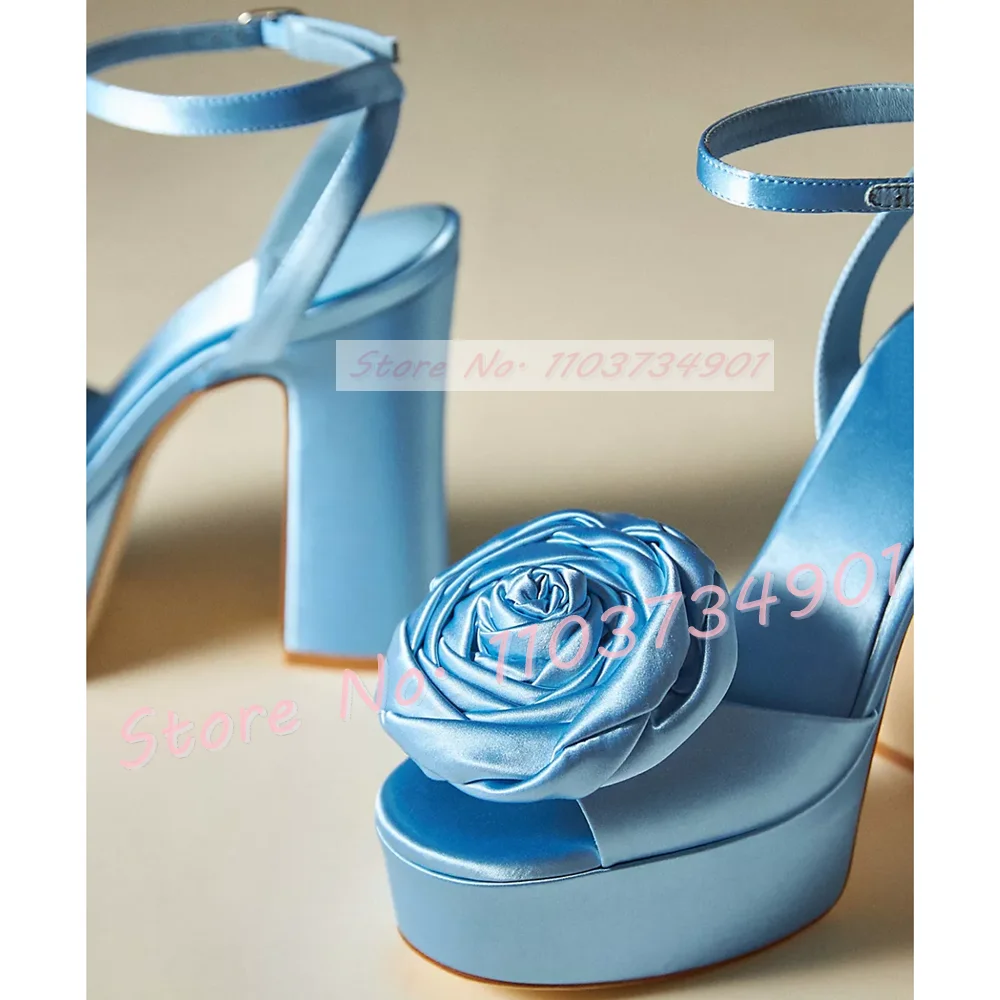 Classy Blue Rose Satin Platform Sandals Female Open Toe Block High Heels Shoes Women Party Wedding Ankle Strap Big Size Sandals