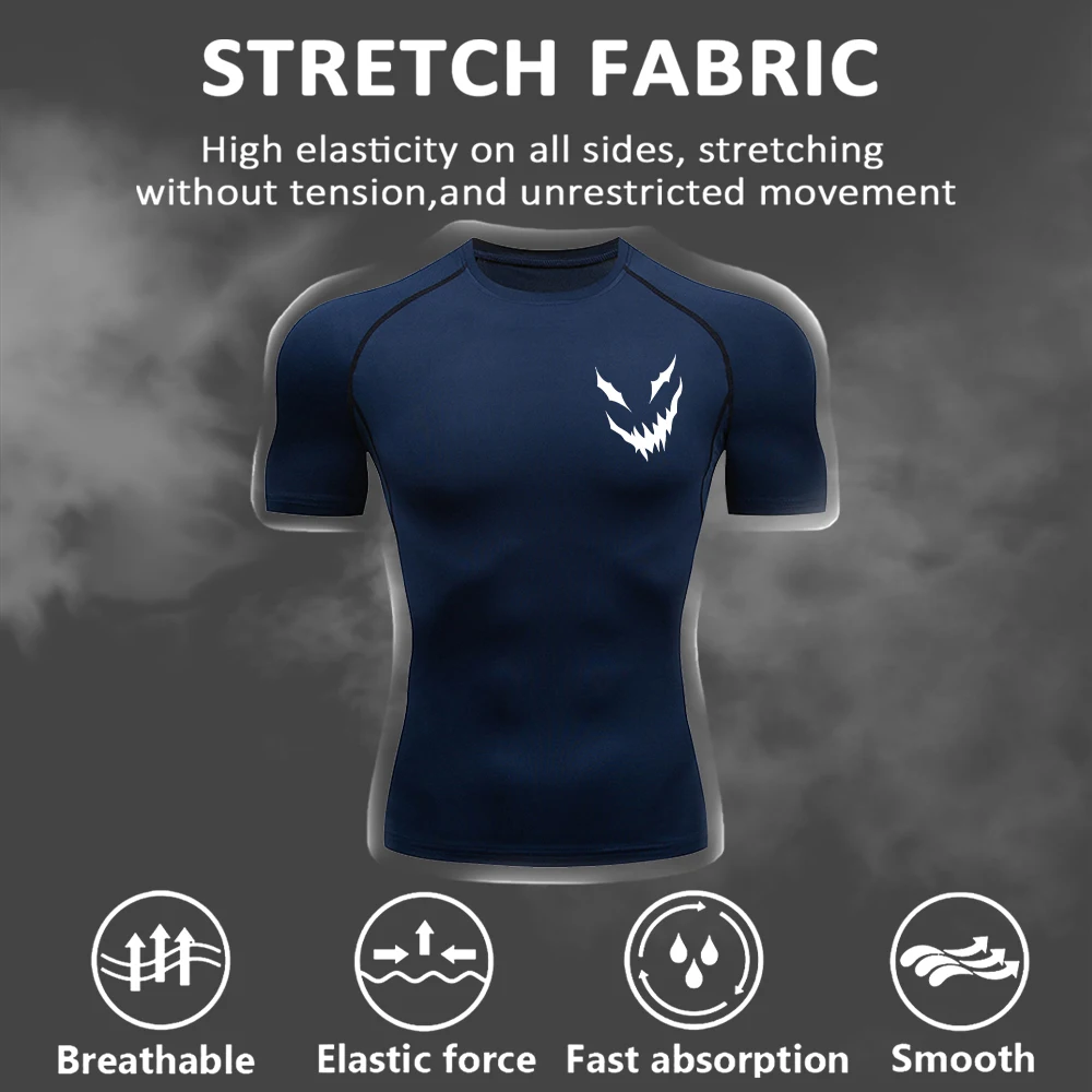Men's Athletic Compression T-Shirt With Evil Smiley Print Summer Quick Drying Casual Short Sleeve Top For Fitness Training