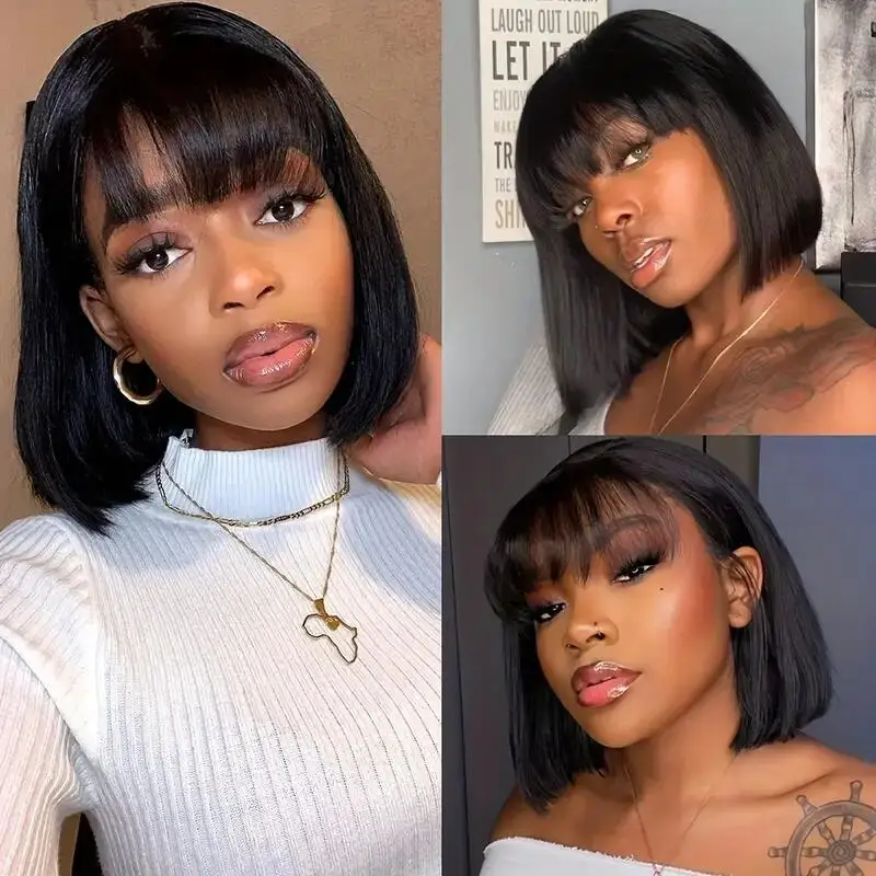 2x1 Straight Bob Lace Closure Wigs with Bangs For Women Brazilian Hair Short Straight Wig With Realistic Scalp On Top 8-14 Inch image 3