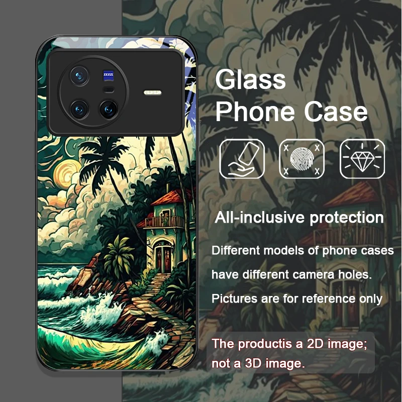 Funda de teléfono de vidrio templado con paisaje costero de árbol de coco costero para OPPO Reno 13 F 12 11 10 ProPlus Find X8 X3 PRO Lite A58