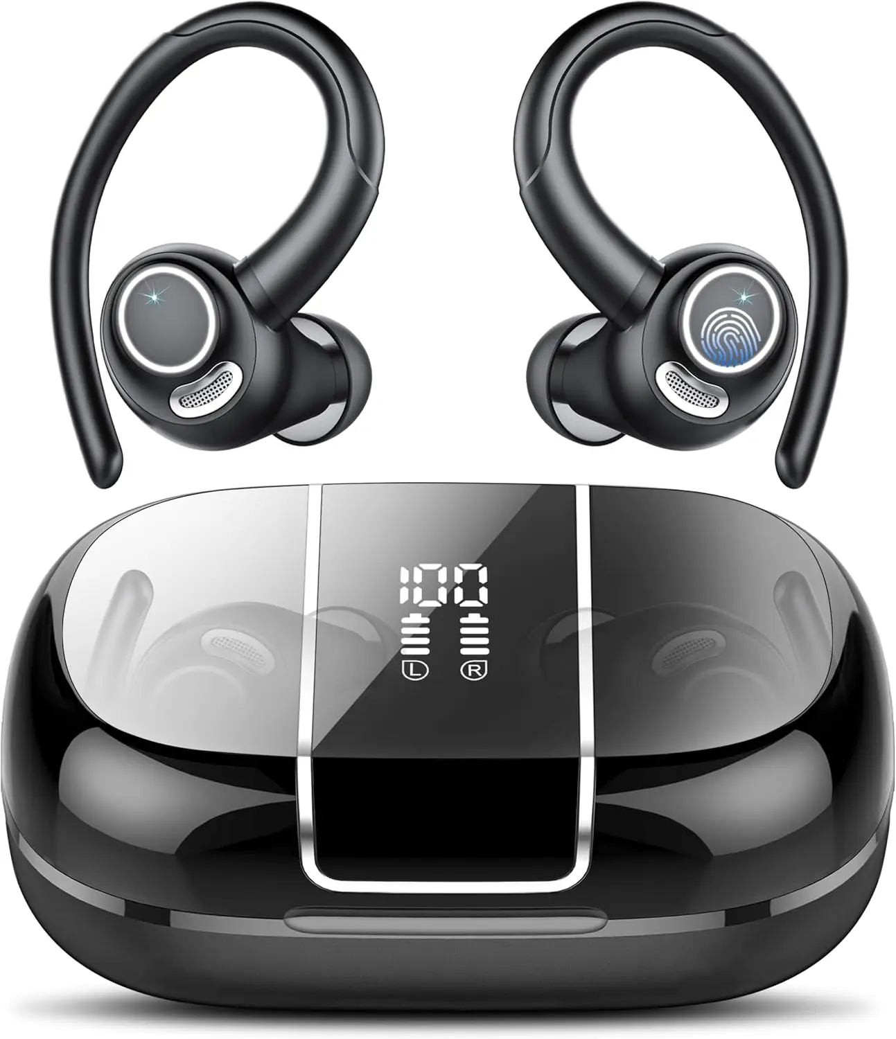 Bluetooth 5.3 Over Ear Buds Stereo Deep Bass Headset with Earhooks, 48H Wireless Earphones with HD Mic, IP7 Waterproof Earbud