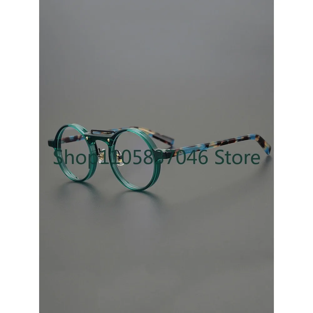 Small personality round frame green frame board large face retro myopia glasses handmade fashion height flat