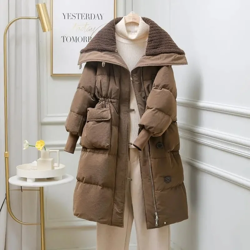 Office Cotton-Padded Jacket Zipper Women Casual Parkas Fall Winter Women Thicken Warm Lambswool Jacket Long Coat