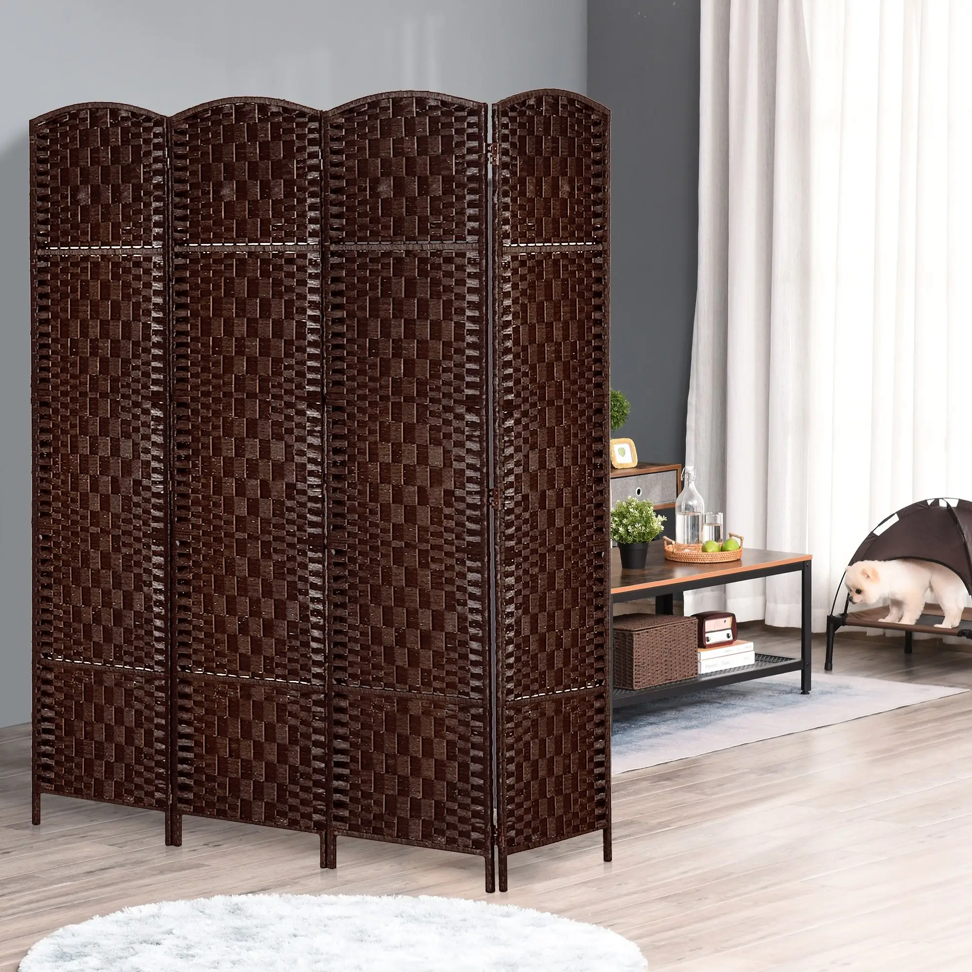 4 Panel Wicker Room Divider 6' Tall Freestanding Folding Privacy Screen Brown