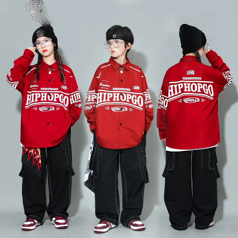 

Children Jazz Modern Dance Costumes For Girls Red Coat Black Cargo Pants Streetwear Boys Hip Hop Performance Clothes