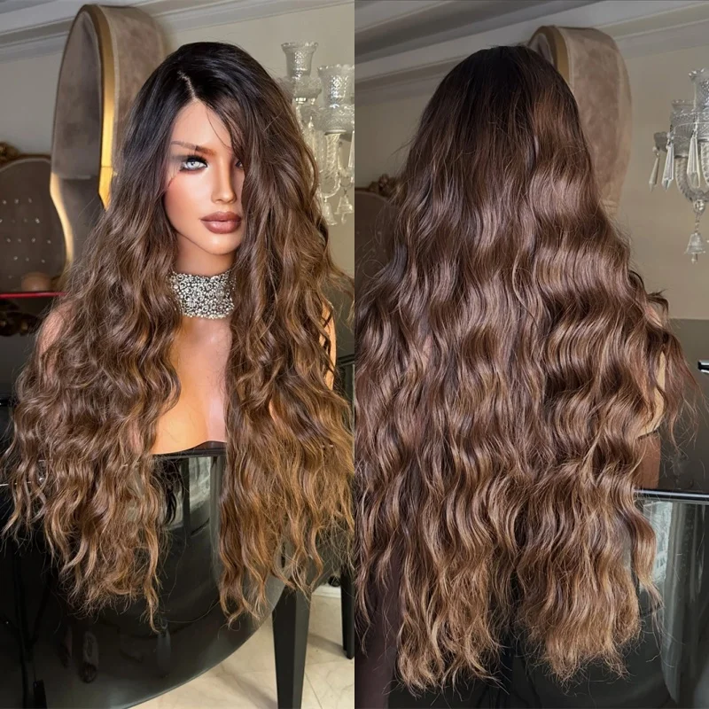 13x4 Ombre Warm Brown HD Invisible Lace Front Wig with Dark Roots Heat Resistant Fiber Wig  Realistic Look Natural Hairline Hair