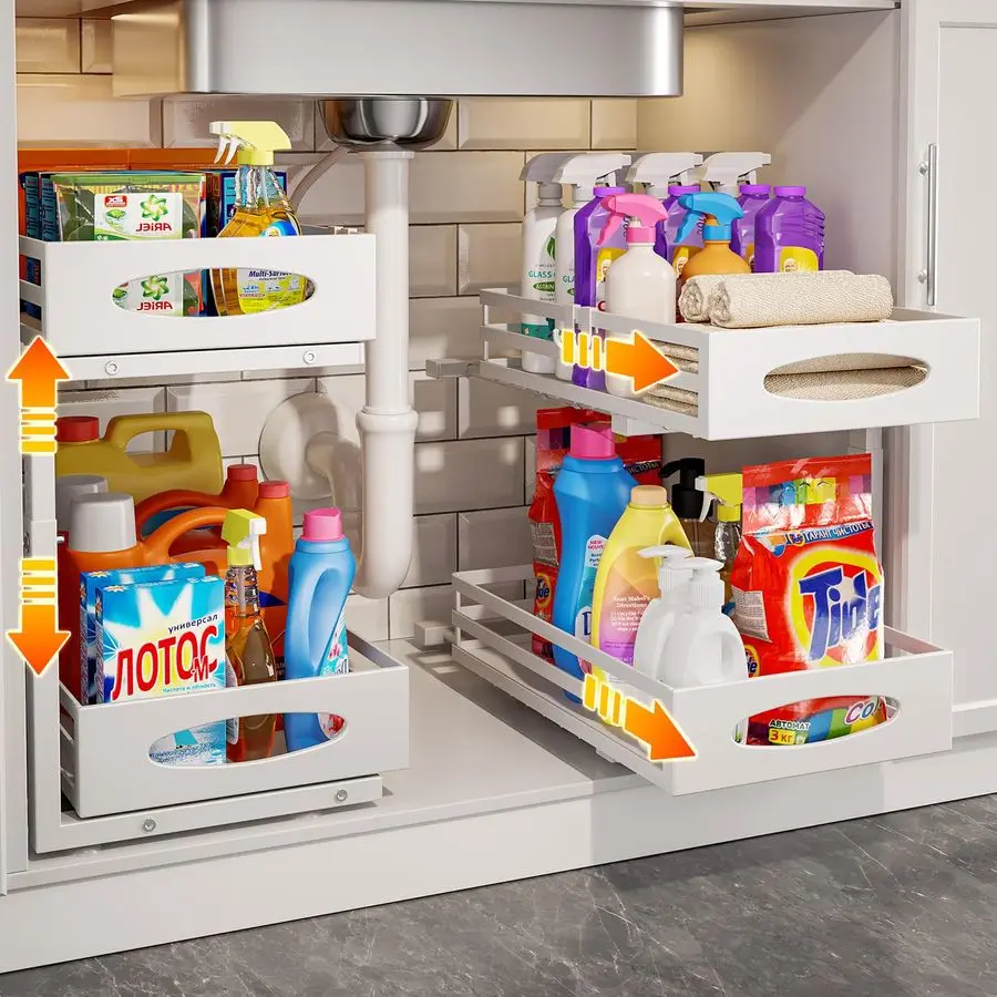 

Sink Organizer, 2 Tier Under Sink Organizers and Storage, Adjustable Height, Slide out Metal Cabinet Organizers, Pull out Cabine