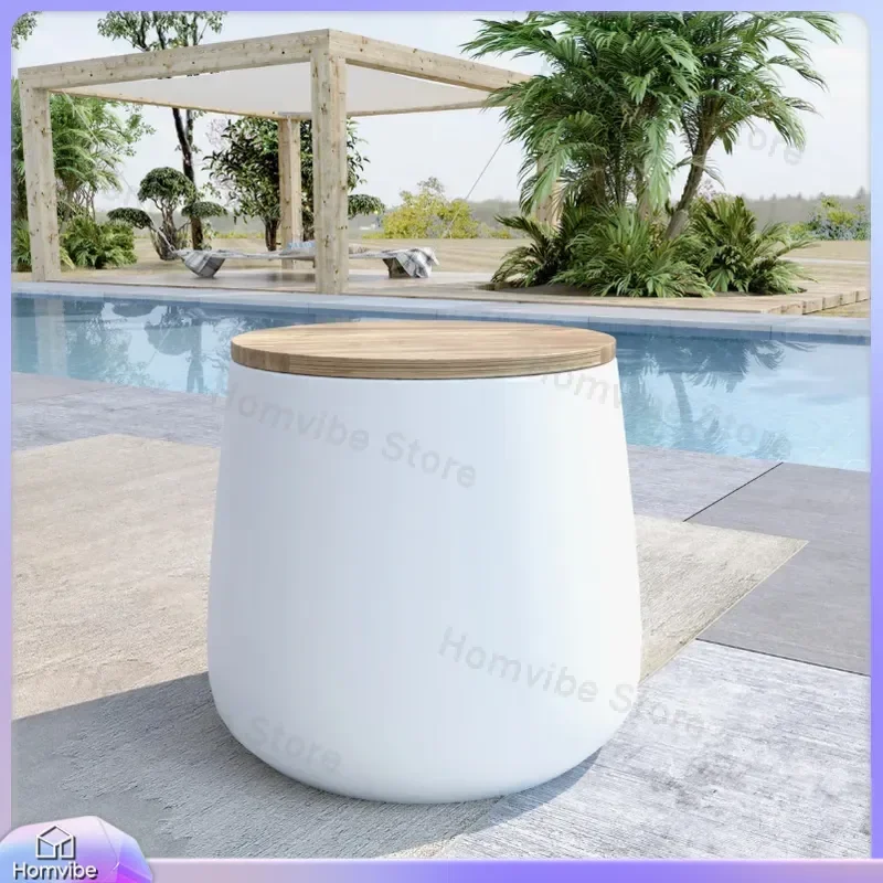 Outdoor Side Table Round Coffee Table with Wooden Lid Storage Box Magnesium Oxide Patio Garden Furniture Waterproof End Table