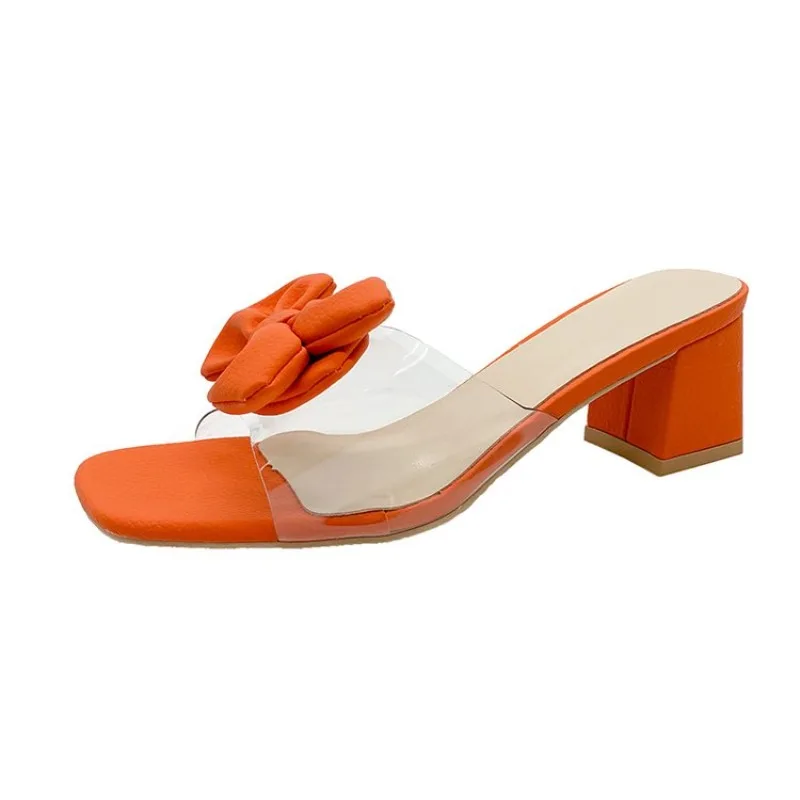 Heeled Women Slippers Bow High Heels Sandals Woman Shoes 2025 Trend Fashion Chunky Pumps Summer Dress Shallow Mujer Zapatos view 2