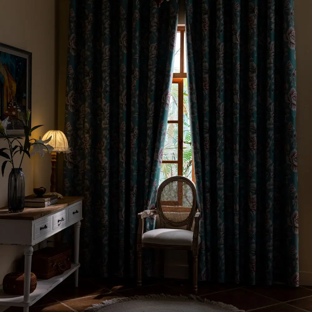 1 قطعة الستائر الرجعية لغرفة النوم غرفة المعيشة 100% التعتيم البلد الأمريكي نمط الستائر الأزرق خلفية الوردي زهرة ديكور المنزل