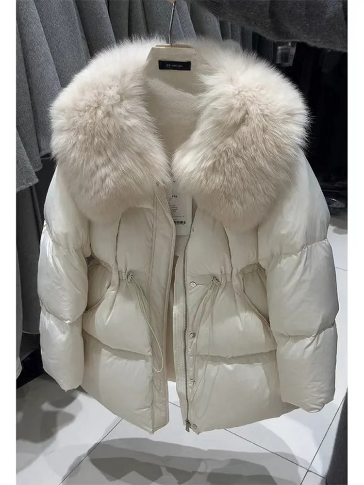 

Women's Mid-Length Cotton Jaet with Large Fur Collar Long Sves Warm Winter Outerwear Puffy Bread Sle Coat for New Year
