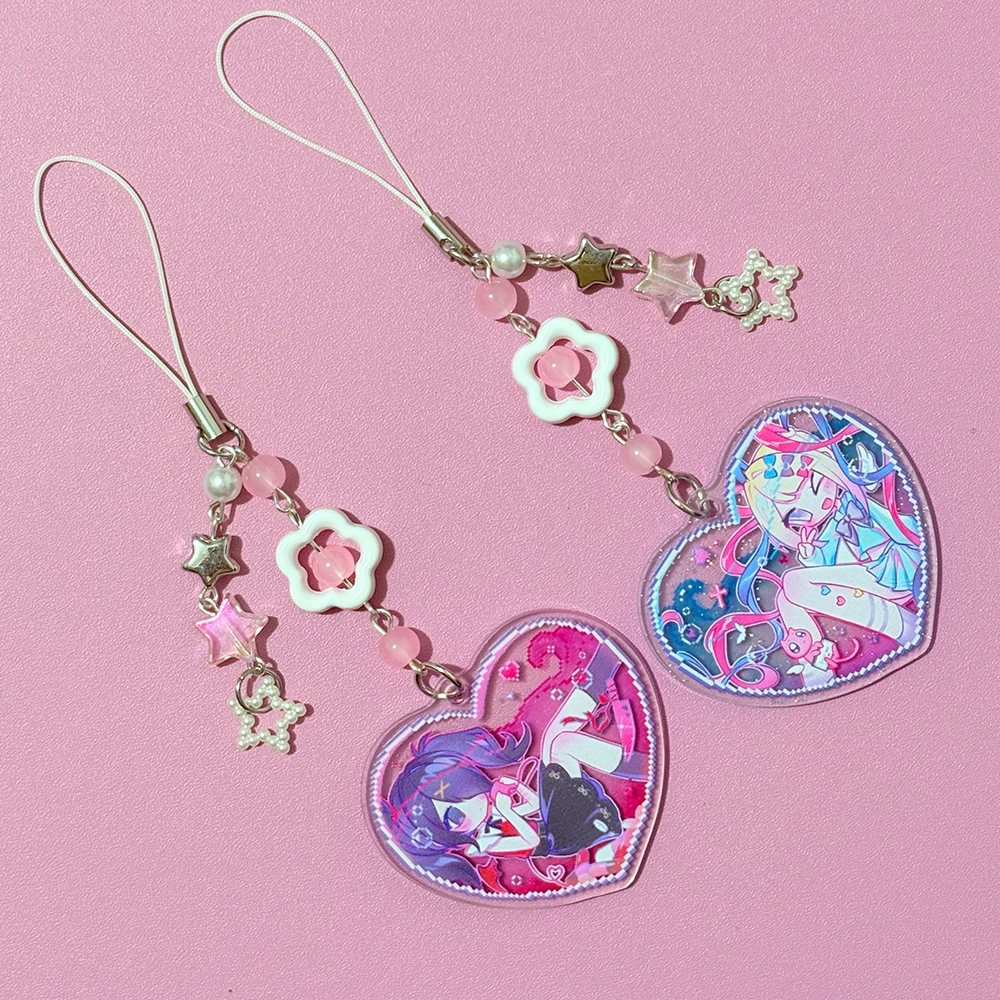 Game Need Girl Overdose KAngel Amechan Beaded Phone Chain Acrylic Heart Keychains Backpack Keyrings Cosplay Props Xmas Gifts