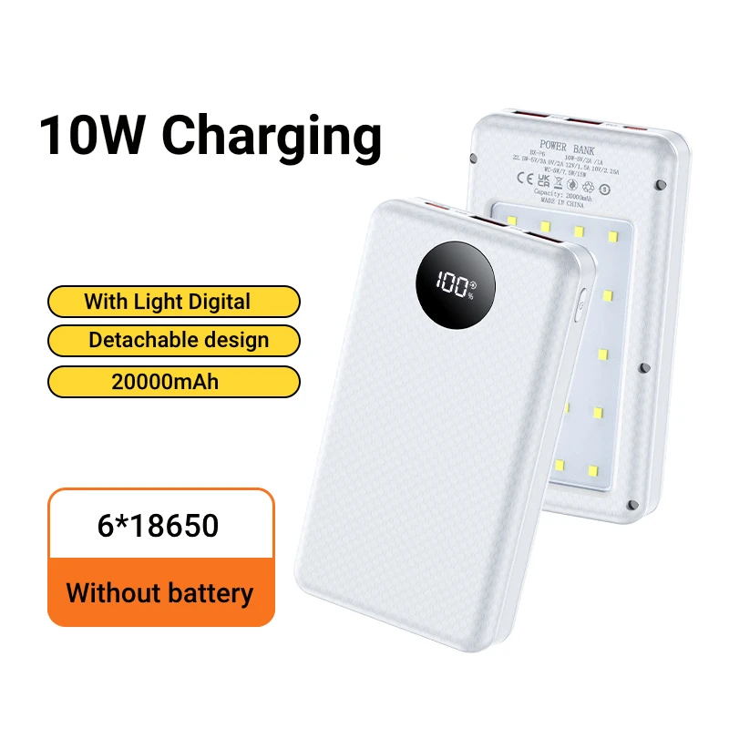 KEBIDUMEI 6×18650 Pudełko na Baterie DIY Obudowa Power Banku 22,5W 15W 10W Uchwyt Ładujący z Wbudowanym Światłem Kempingowym do Telefonu Komórkowego — zdjęcie produktu 7