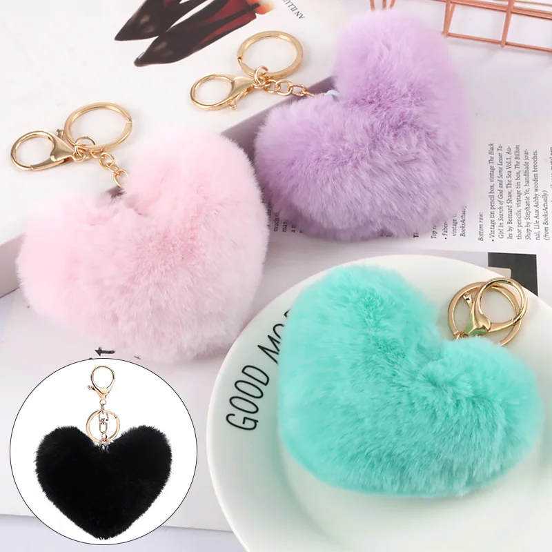LLavero de bola de felpa de arcoíris, llavero con pompón de corazón grande para mujer, colgante para bolso de coche, joyería de moda, llavero con pompones de amor esponjosos