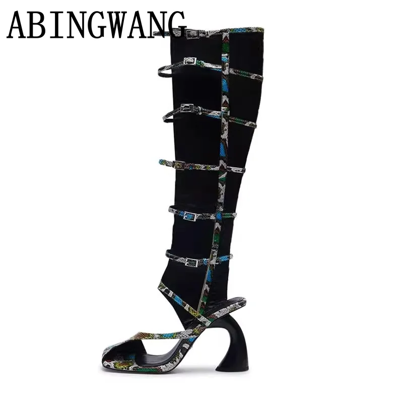 

2026 Spring Summer New Black Strange Heel Long boots Leather Round Toe High Heel Pumps Sexy Party Boots For Women Mujer
