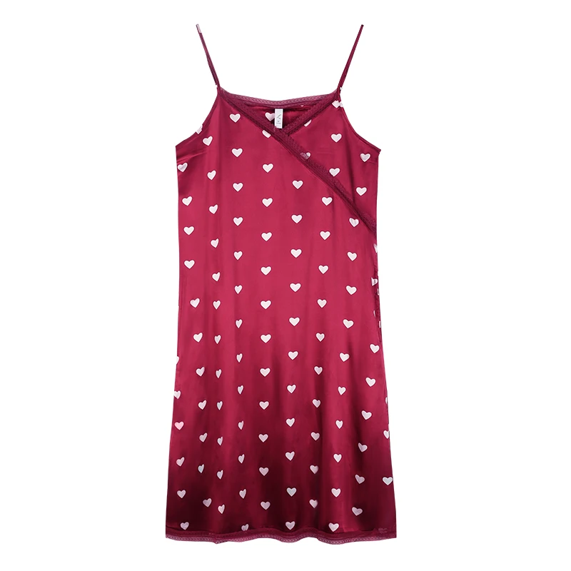 Summer Red Heart Pattern Sleepwear Women Sleeveless Nightdress Women Silk Satin Ladies Nightgown Sexy Nightwear Sling Home Dress