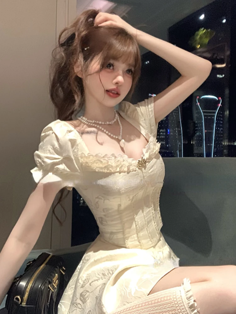 2024 Summer Lolita Sweet 2 Piece Skirt Set Hot Girls Casual Crop Tops + Korean Fashion Slim Y2k Mini Skirt 2000s Vintage Skirt