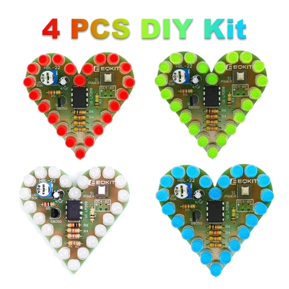

4PCS diymore Heart Shape LED Flashing Light DIY Kit with PCB DC 4-6V 4 Color Available for Soldering Kit Practice Learning Kit