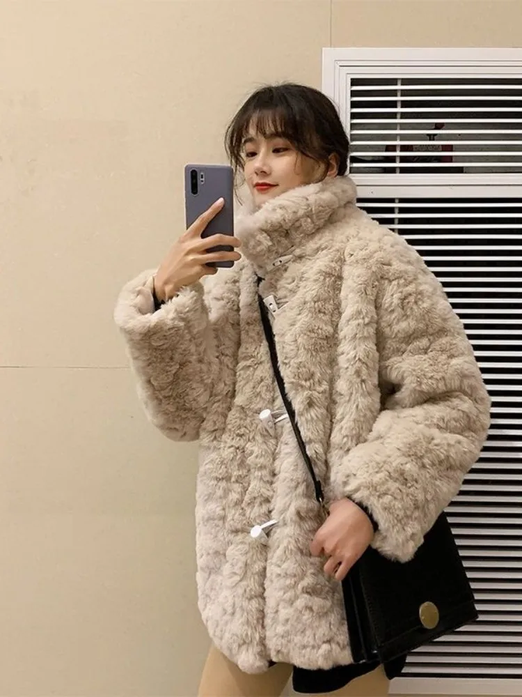 

Trendy Lamb Fur Coat Women's Mid-Length Autumn Winter Faion Street Sle Long Sve Stand Collar Tee Button Closure Coat