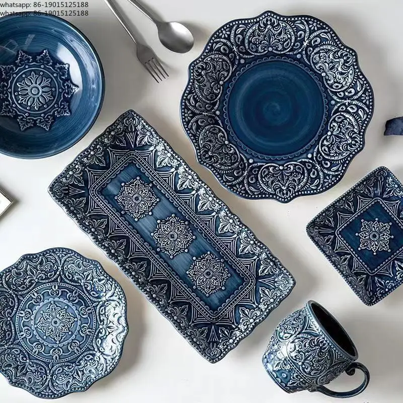 1pcs Western Dinner Plates Ceramic Dishes Tableware Dinnerware Steak Dessert Noodle Cup Serving Baroque Northern Europe