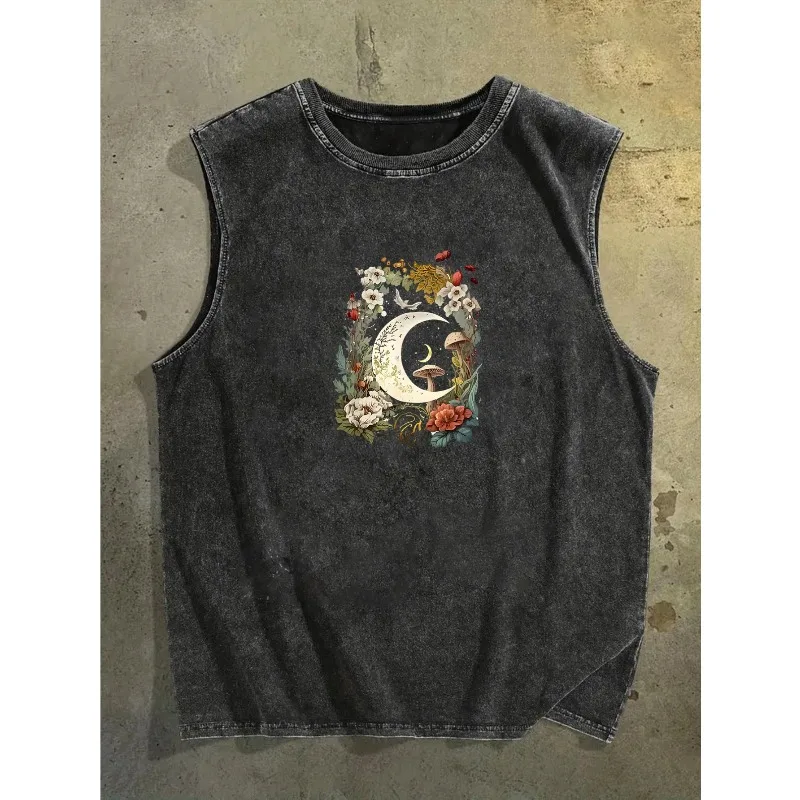 Men's pure wash vest, tough and cool, moon flower mushroom printed vest, retro fashionable T-shirt, unisex vest