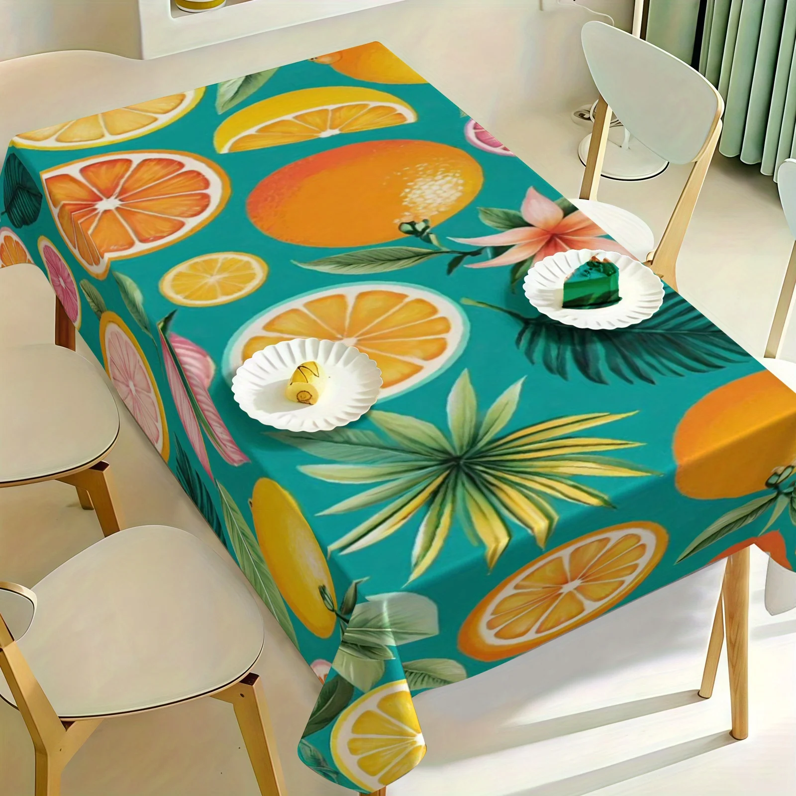Tropical Fruit Tablecloth, Teal Base With Orange Lemon Slice And Palm Leaf Print, Rectangular Table Cover for Dining Room Home