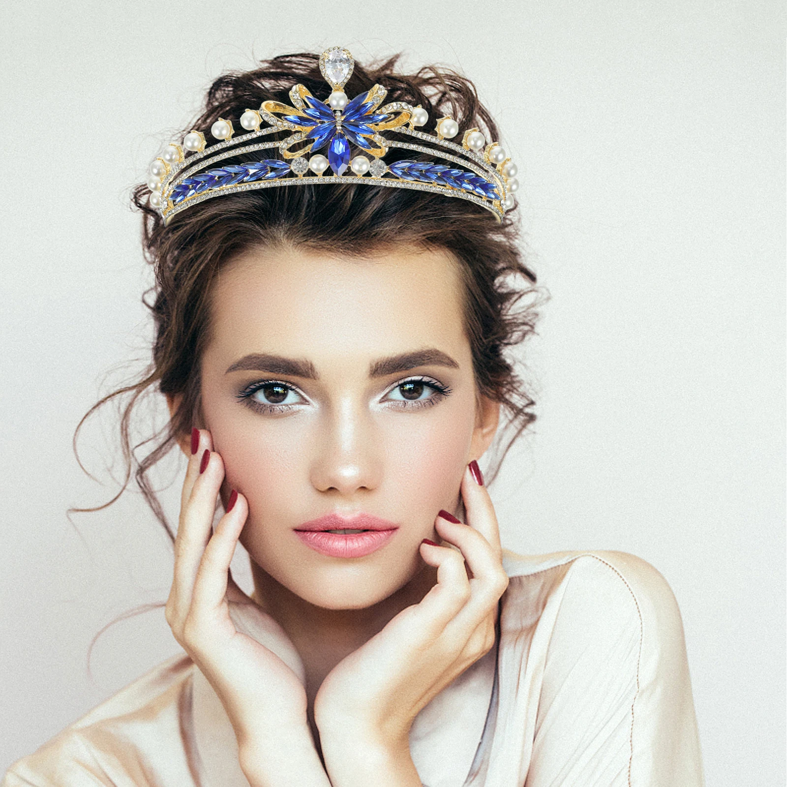 

Pearl Rhinestone Crown Bridal Hair Accessories Women Crystal Headb Sparkly Gold Blue Wedding Engagement Birthday Prom Evening