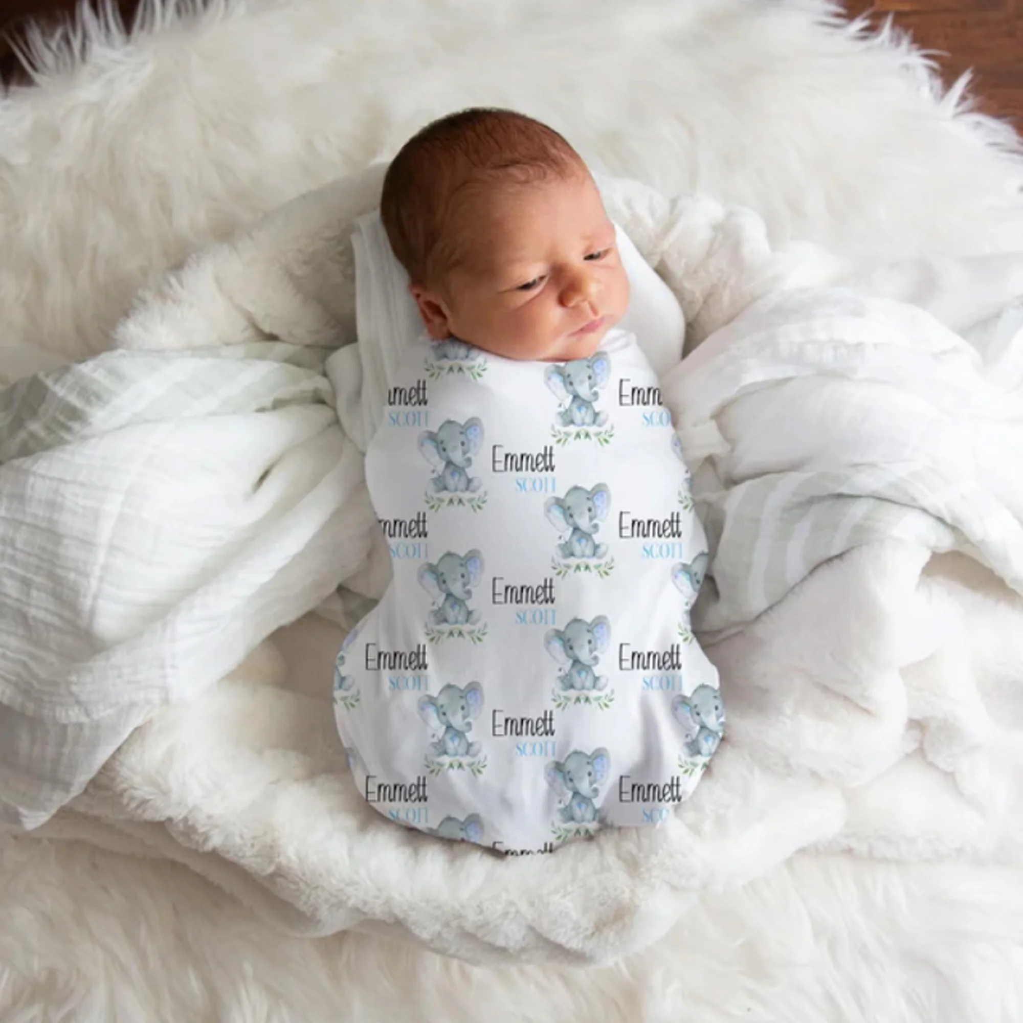 مجموعة غطاء وسادة الطفل على شكل فيل باسم شخصي من UOOPOO، مجموعة بطانية قماط الفيل، قبعة الطفل، قماط القوس والطفل