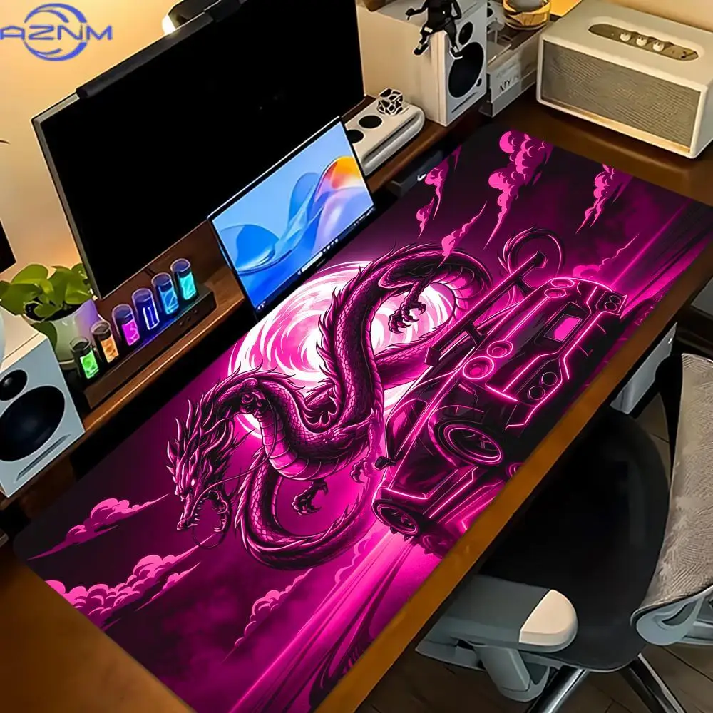 Neon Oriental Dragon Extended Gaming Mouse Pad Non Slip Desk Surface Mystic Cloud Creature Print For Gaming And Daily Use