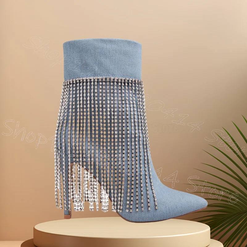 

Небесно-голубые джинсовые ботинки с острым носком и кристаллами, женская обувь без шнуровки на тонком высоком каблуке, вечерние, праздник, свидание, 2026 Zapatos Para Mujere