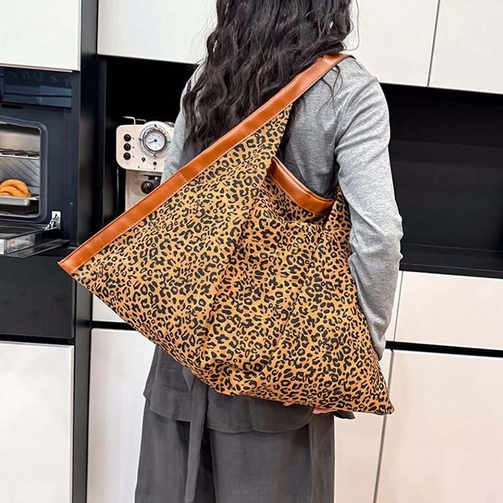 

Retro Leopard Print Tote Bag Lightweight Contrast Color Woven Triangle Underarm Bag Polyester Large Capacity