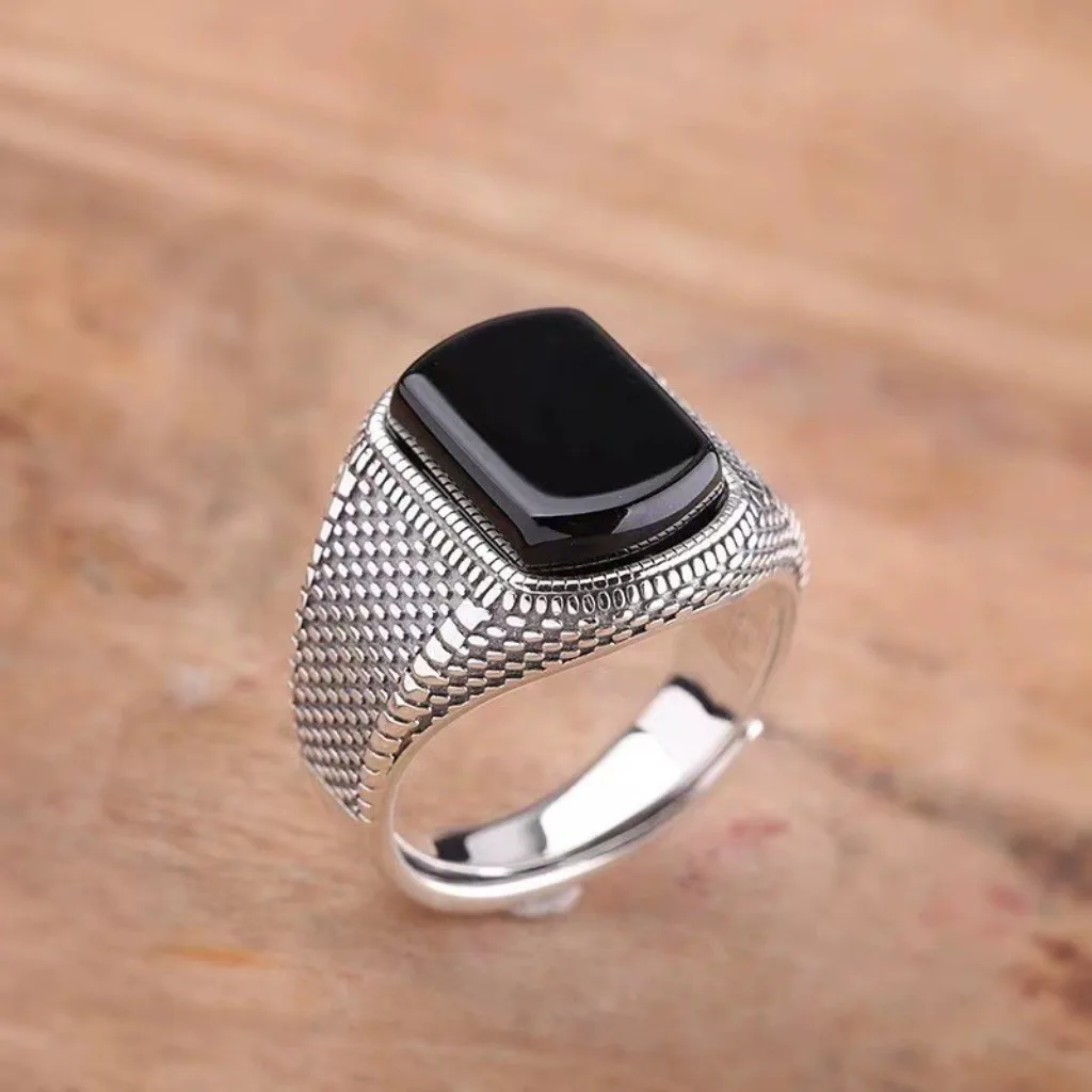 Vintage Faux-Onyx-Ringe für Herren, Edelstahl, verstellbarer offener Ring, silberfarben, modischer Punk-Schmuck, Geschenk – Detail 9