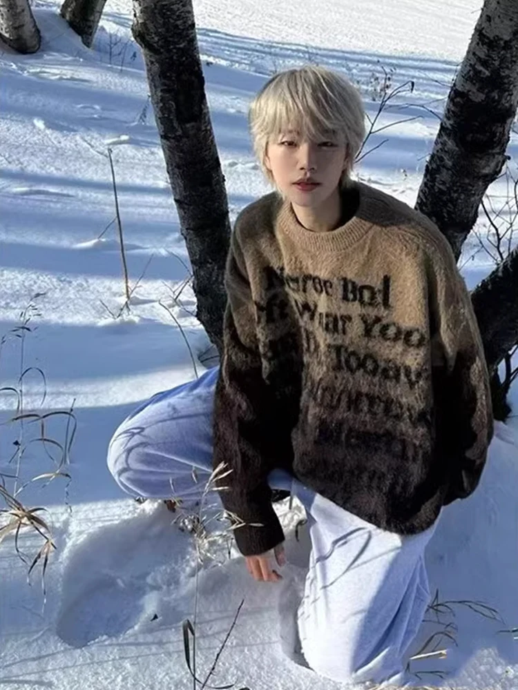 Retro American Sle Men's Knitted Sweater with Letter Design Oversize Lazy Sle round Ne Winter Outerwear Comfortable Fit