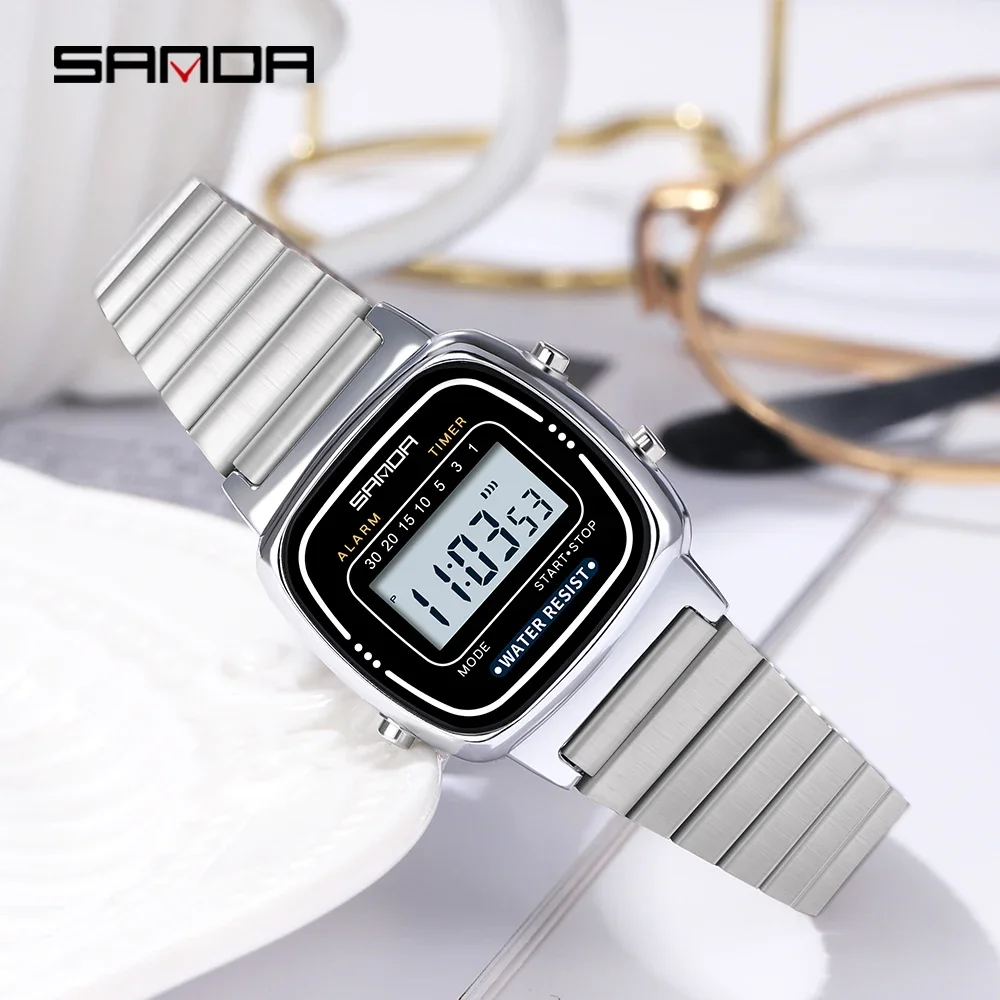 SANDA6053 Fashion Women's Electronic Watch Gold Strap 50m Waterproof New High Quality Multifunctional Women's Watch