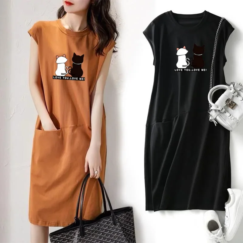 Frauen Sommer Kawaii Katze Druck Kleid Koreanische Mode Ästhetische Kleidung Casual Streetwear Schwarz Lose Midi Kleider für Frauen 2023