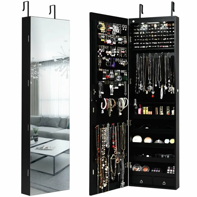 

Full-Length Mirror Jewelry Cabinet Wall Door Mount Storage Organizer Black Frame