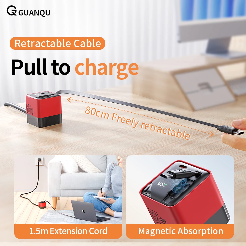 US 65W GaN Charging Head  Fast Charge Built-in 80CM TypeC Cable ,  for iPhone 16 15 Xiaomi Samsung With 1.5m Extension Cord