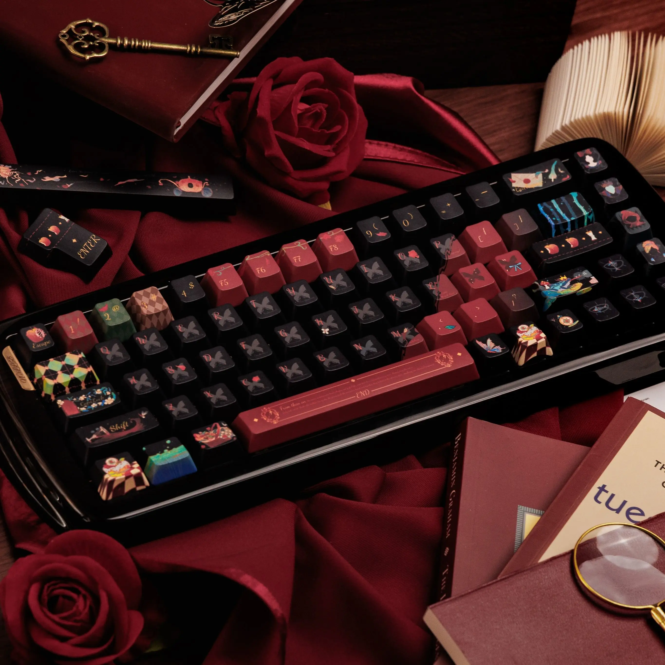 MAIMOOO Dark Fairy Tale Keycap PBT Five Sided Heat Sublimation Cute Black and Red Cherry Keycap