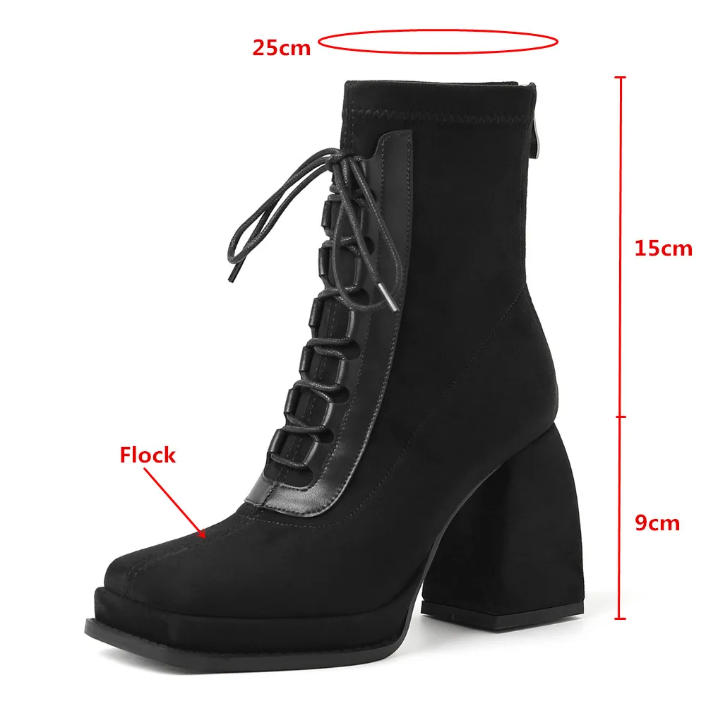 MILI-MIYA Classic Square Toe Women Stretch Flock Ankle Boots Thick Heels Zippers Solid Color Plus Size 34-42 Handmade For Ladies