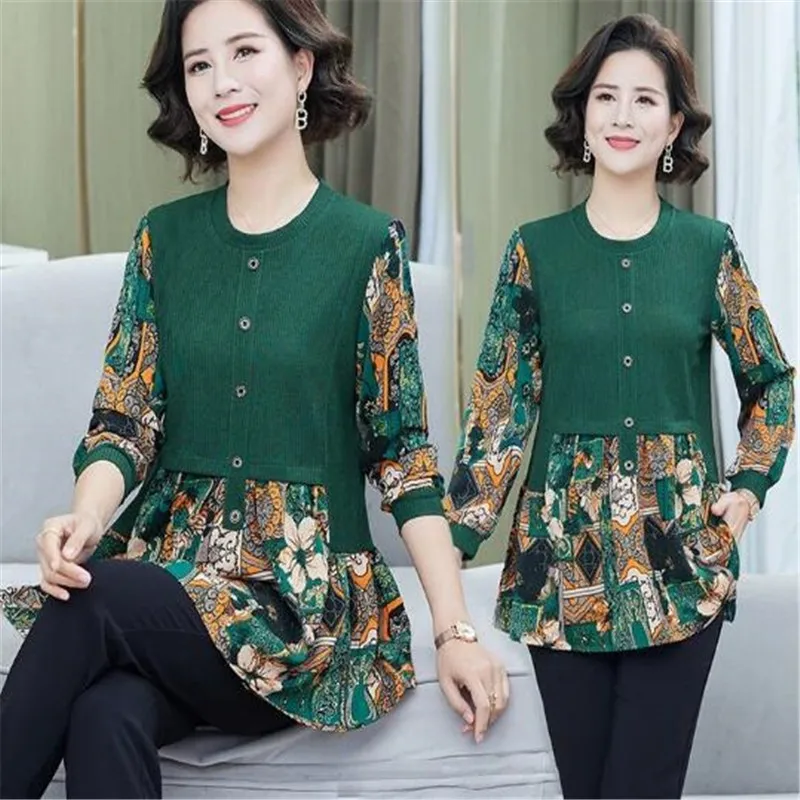 Women Spring Summer Blouses Printed patchwork Shirts Lady Fashion Casual long Sleeve O-Neck Colla Printing Plus size Blusas Tops