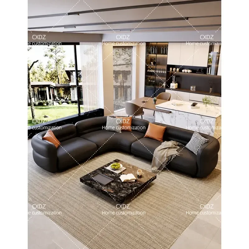 Curved Black Leather Sofa Large Living Room High End Light Luxury Villa Horizontal Hall Bobo Ball Corner Sofa Combination