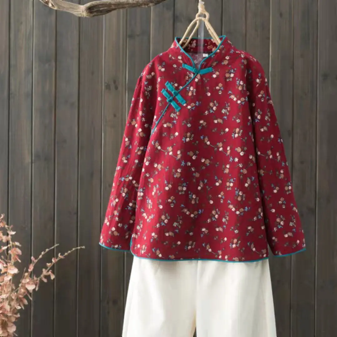 

Новая женская блузка в стиле ретро Ханьфу из хлопка и льна с цветочным принтом и косой планкой, элегантный топ с рукавом три четверти для женщин старшего возраста, для выступлений на сцене