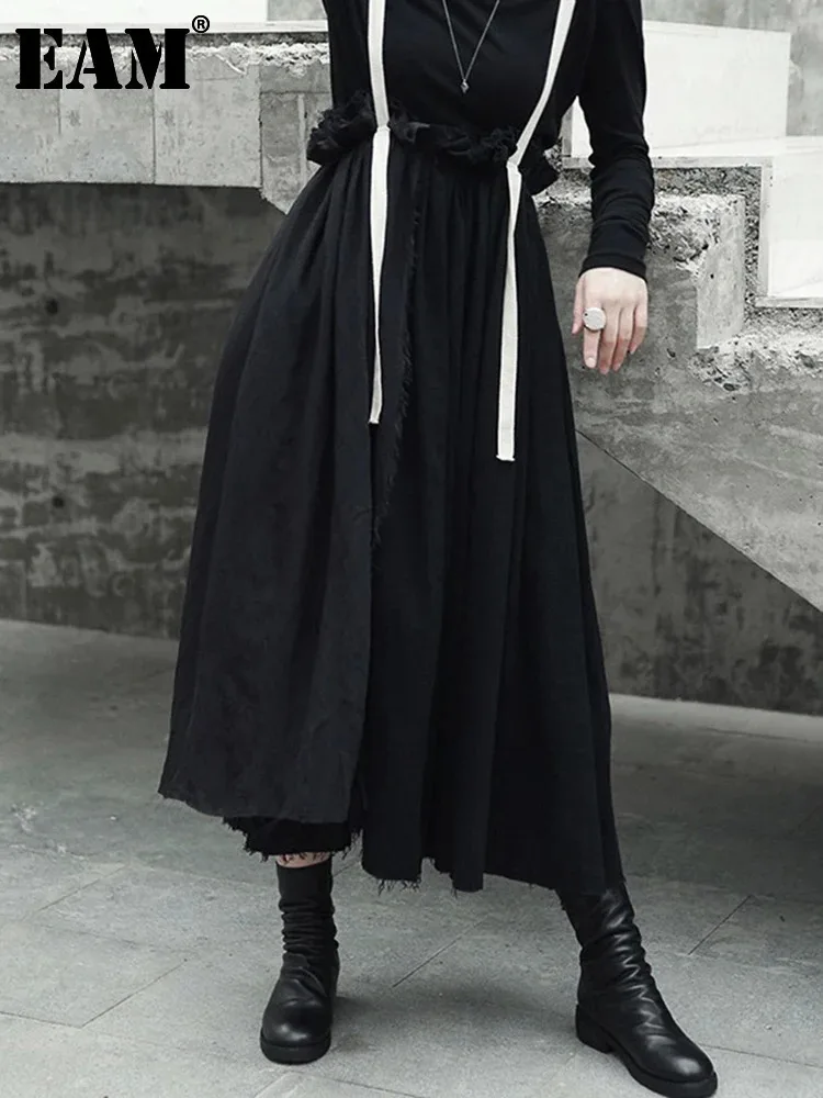 [EAM] High Elastic Waist Black Linen Color-block A-line Strap Half-body Skirt Women Fashion Tide New Spring Autumn 2025 LA923